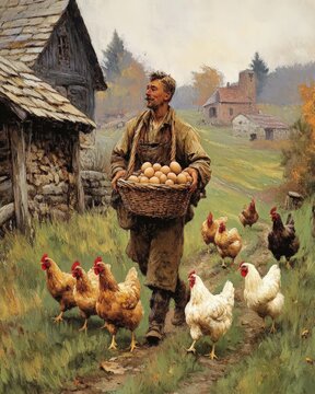 A farmer carrying a basket of eggs with chickens following behind