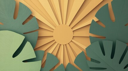 Vibrant Tropical Leaves with Sun Rays Design for Nature-Inspired Backgrounds and Modern Graphics, Ideal for Art, Decor, and Creative Projects