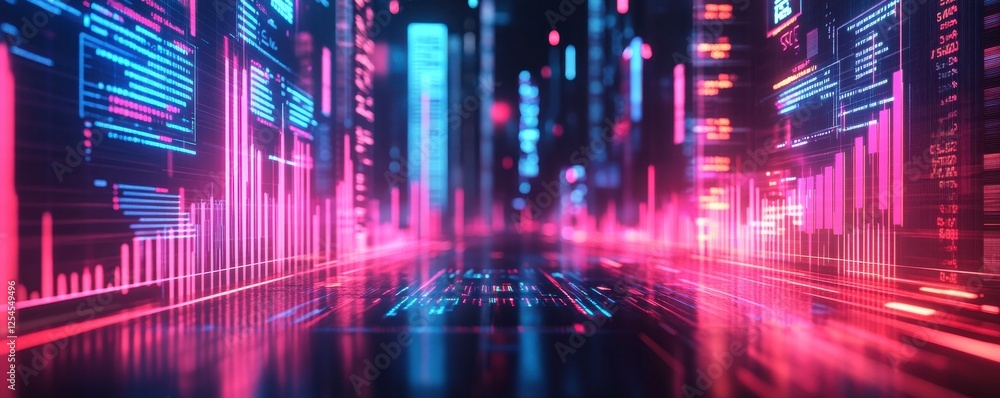 Poster a vibrant digital landscape with neon lights and data visualizations, creating a futuristic atmosphe