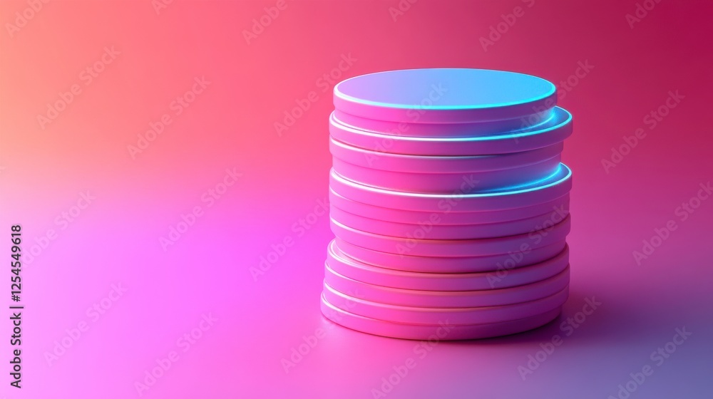 Poster a stack of circular discs in gradient colors, illuminated with vibrant pink and blue hues, creating 