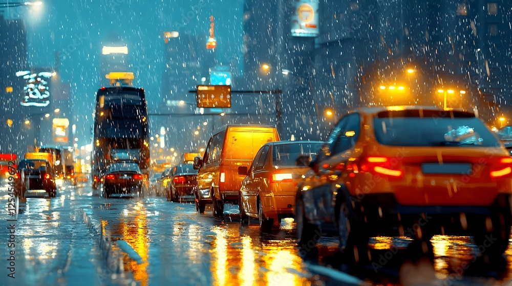 Poster bustling city traffic at night during a blackout with cars using their headlights as the only source