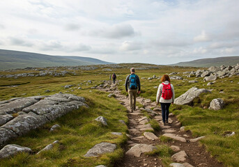 Obraz premium Scenic view of two hikers walking along a rocky path in a lush green landscape, capturing the essence of adventure and exploration.