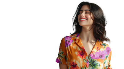 Beautiful smiling woman with flowery shirt posing on transparent background
