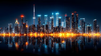 Captivating cityscape at night showcasing a stunning skyline of gleaming high rise towers glimmering reflections on the water and a dramatic atmospheric urban landscape