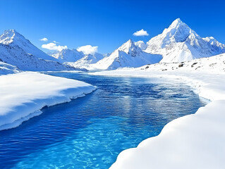 Fototapeta premium Winter Landscape Illustration: Snowy Mountains and Blue River