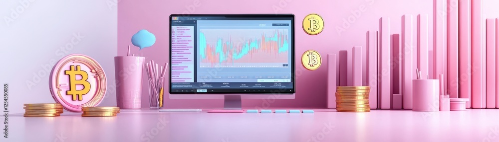 Poster a modern workspace featuring a computer displaying cryptocurrency charts, surrounded by bitcoin coin