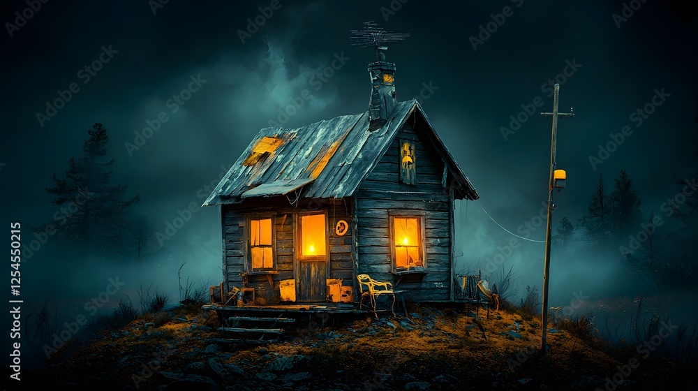Poster cozy wooden cabin with flickering candlelight glowing from the windows surrounded by a dark moody la
