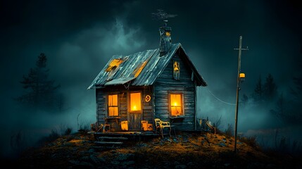 Cozy wooden cabin with flickering candlelight glowing from the windows surrounded by a dark moody landscape of forest and hills during a power outage in the remote wilderness