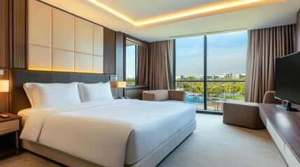 A smart hotel suite with automated lighting that adjusts to the time of day for optimal comfort.