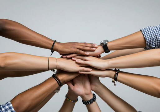 Close-up of hands stacked together, symbolizing teamwork and cooperation, perfect for illustrating unity in a group setting.