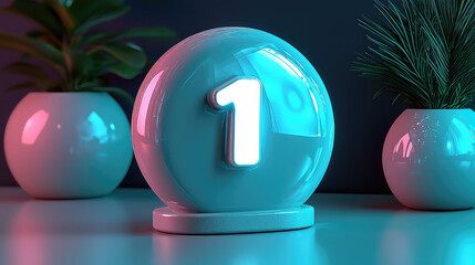 Glowing number one inside a crystal ball on a table with plants.