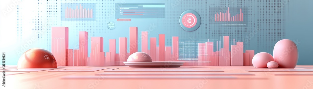 Poster a futuristic digital landscape featuring abstract shapes and data visualizations in soft pink and bl