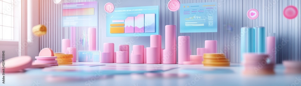 Poster a colorful, modern data visualization scene featuring charts, graphs, and 3d bar stacks, set in a br