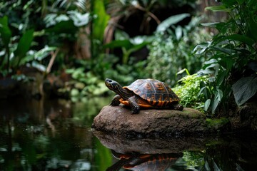 Fototapeta premium Turtle rests on rock in pond, surrounded by lush greenery, nature preserve use