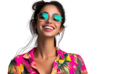 Smiling young woman wearing sunglasses and pink shirt on transparent background