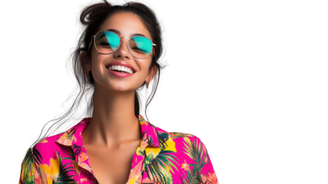 Smiling young woman wearing sunglasses and pink shirt on transparent background