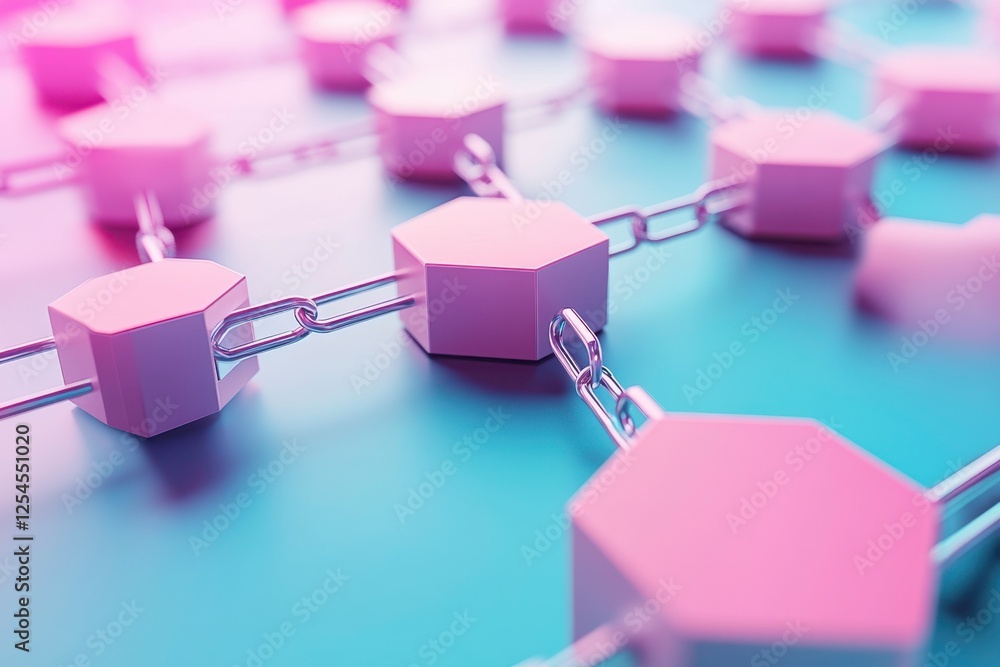 Poster a close-up of interconnected hexagonal shapes linked by chains, featuring a vibrant color palette of