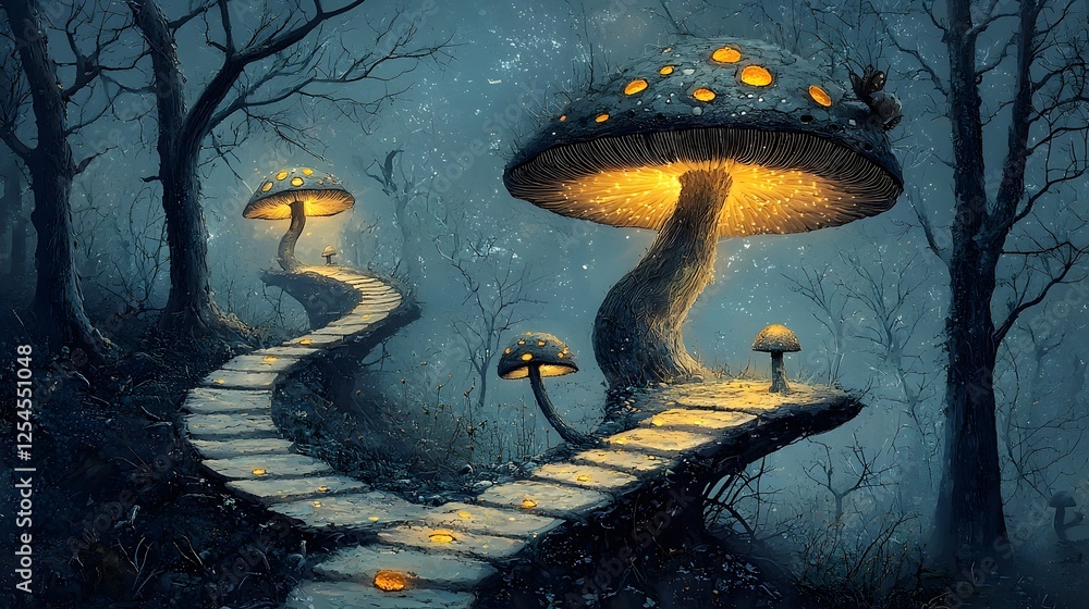 Aufkleber enchanting forest path illuminated by glowing mushrooms guiding the way through the mysterious atmos
