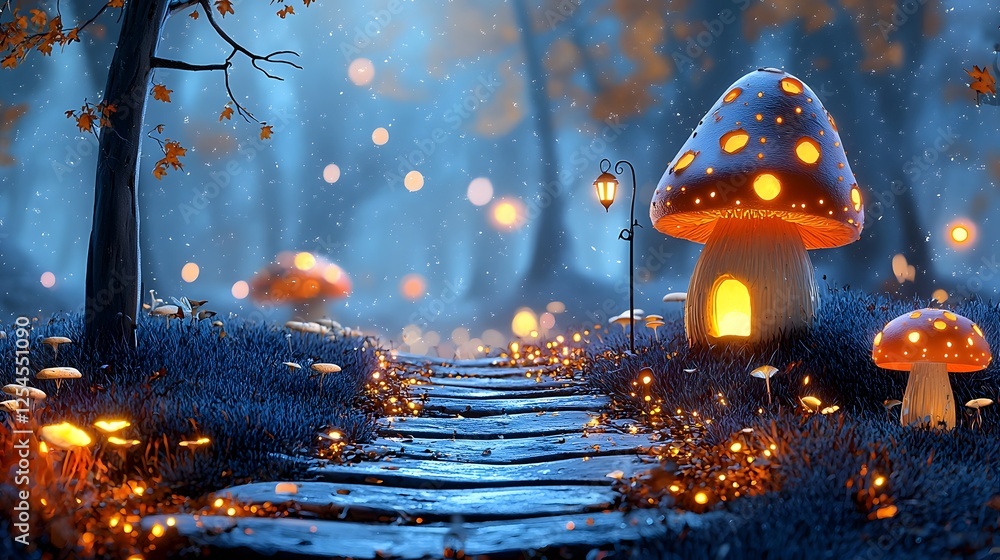 Poster Enchanting forest path lined with glowing mushrooms that invite you on a journey to an unknown mystical destination  Lush greenery soft light and an ethereal atmosphere create a dreamlike