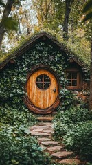 Fototapeta premium Enchanted wooden door nestled in lush greenery and ivy vines