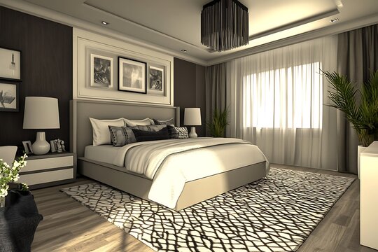 contemporary bedroom with neutral tones and bold accents