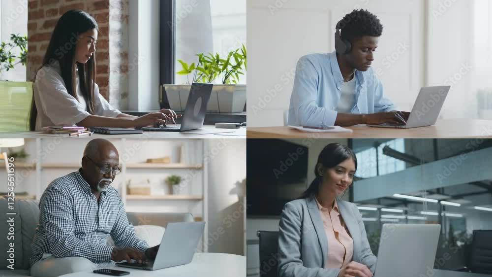 Aufkleber four professionals engage in remote work from different settings, showcasing a blend of creativity a