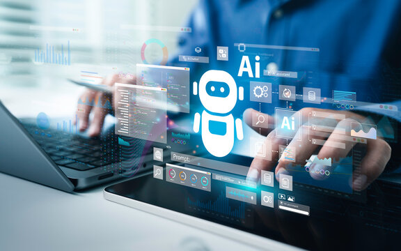 AI Artificial Intelligence technology for data analysis, research, planning, and work generate. Man uses a laptop and AI assistant dashboard. Technology smart robot AI agents and agentic workflows.