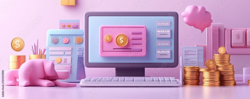 Poster a playful digital workspace featuring a computer with a payment interface, stacks of coins, and a cu