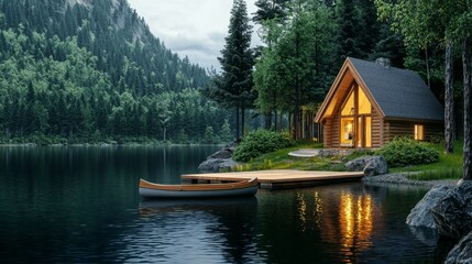 Fototapeta premium Cozy Wooden Cabin by Serene Lake Surrounded by Lush Green Forest