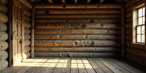 Sunlit Interior of a Rustic Log Cabin with Wooden Floor and Door