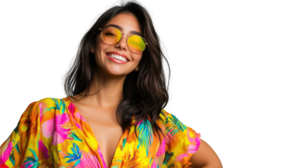 Beautiful smiling woman wearing sunglasses and summer dress on transparent background