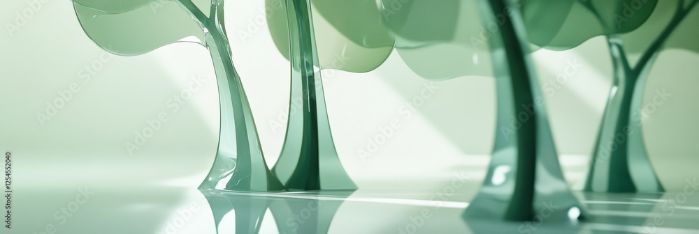 Poster abstract glass forest featuring glowing reflections and tree shapes creating a serene atmosphere. ge