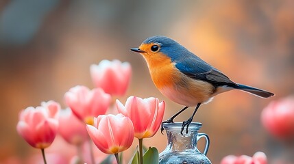 Fototapeta premium A small songbird perched gracefully on the edge of a tulip filled vase set against a softly blurred natural background
