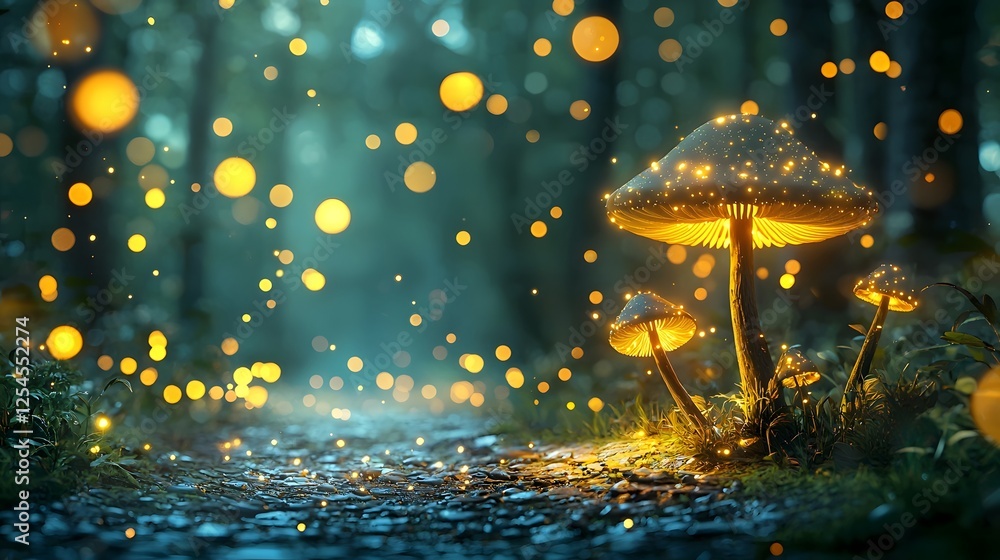 Poster Magical forest path lined with glowing mushrooms leading into a mysterious and enchanting unknown destination  This whimsical