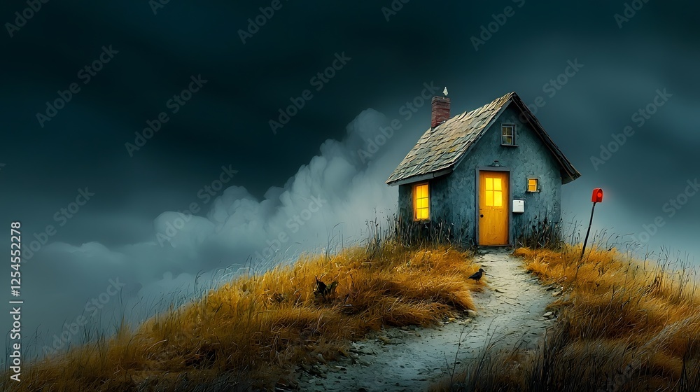 Poster lone countryside cottage sitting isolated and abandoned on a hill surrounded by dark dramatic storm 