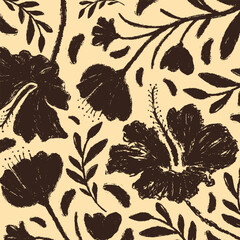 Abstract flowers and leaves hand drawn florar seamless pattern. With ink brush texture.