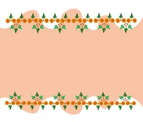  Orange floral indian garland of flowers marigold. Traditional holiday decoration for national events India.  Frame and border for greeting card. Set Flat vector cartoon illustration.
