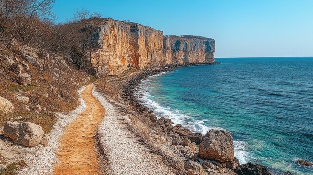 Scenic coastal path along rocky cliffs with clear blue water and serene sky in the background