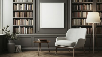 Cozy reading corner mockup with white frame on wall, stylish armchair, and bookshelves, creating a serene and inviting atmosphere for relaxation