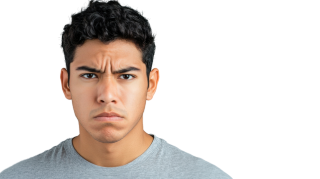 Young man frowning and expressing displeasure on transparent background