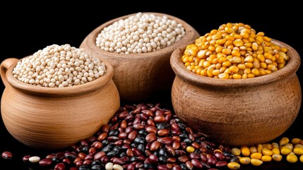 Fototapeta premium Assorted Grains in Earthenware Bowls Quinoa, Sorghum, and Beans