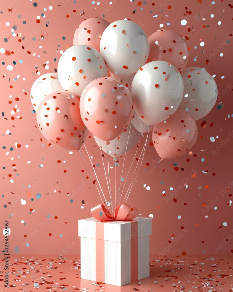 Poster balloons and confetti floating above a gift box on a pink background in a studio setting