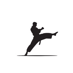 Black Silhouette of a Karate Athlete Performing a Kick - Vector Illustration