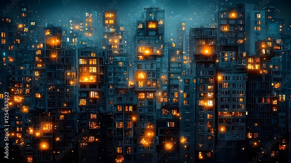 Poster mesmerizing cityscape at night featuring a row of illuminated high rise buildings with some windows 