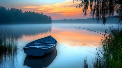 A single rowboat floats serenely on a misty lake at sunrise. Peaceful atmosphere. Fishing boat casting lines into a serene lake. Serene Sunrise: A Lone Rowboat on a Misty Lake