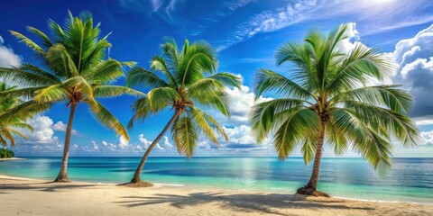 Palm trees swaying gently in the ocean breeze, beachside paradise