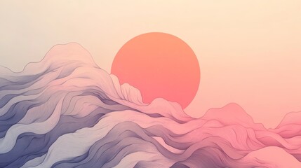 Serene landscape illustration featuring soft pink and purple hues, depicting flowing mountains under a large, warm sun.