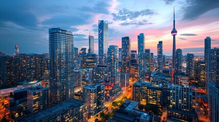 Obraz premium Vibrant City skyline at Dusk with Skyscrapers and Tower in View