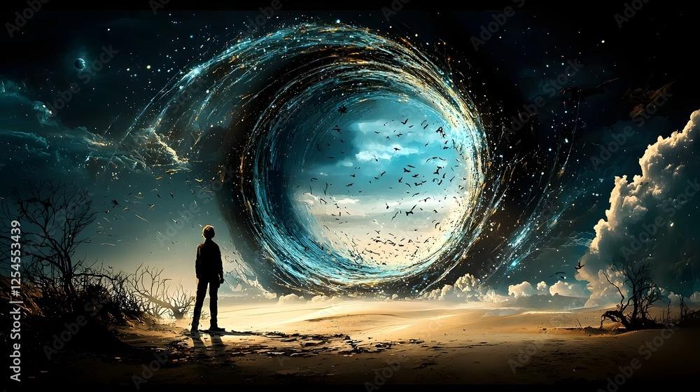 Poster mysterious and otherworldly portal made of swirling blue energy and cosmic phenomena leading to anot