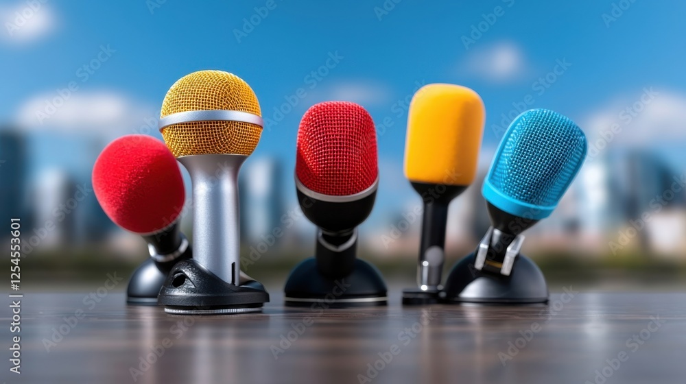 Poster vibrant and diverse collection of microphones in various colors and shapes suitable for a wide range